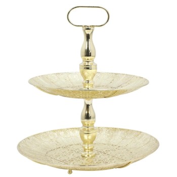 Dekoratīva paplāte Divstāvu metāla ar reljefu rakstu, zelta tonis, Ø39,5 × H43 cm KA0116