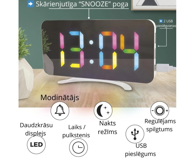 Digitālais LED galda pulkstenis ar vairākkrāsu displeju un USB pieslēgumiem