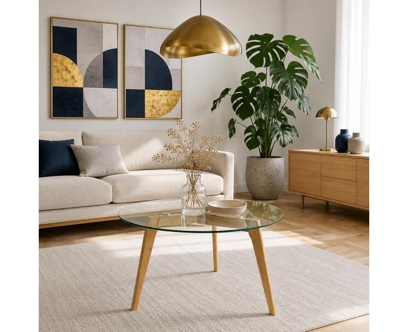 Kafijas Galdiņš, Stikla  Ø80 cm ar koka kājām_HD3800
