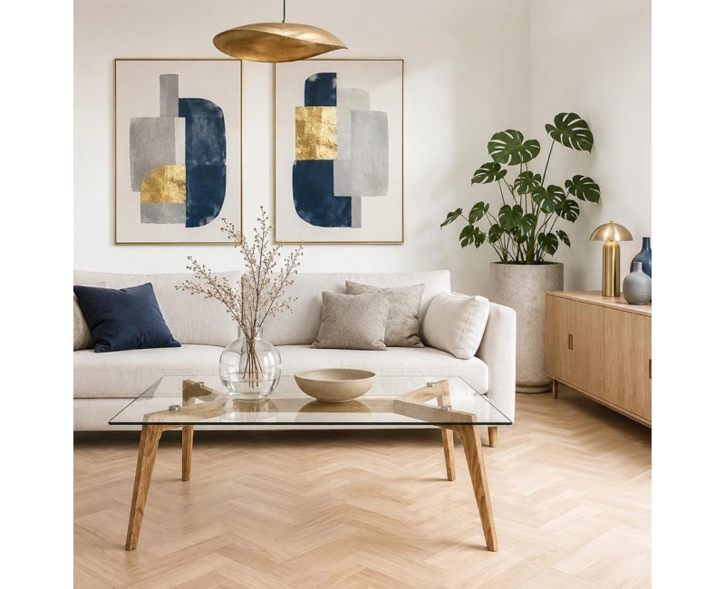 Kafijas galdiņš ar rūdīta stikla virsmu un koka kājām, 110 × 60 cm HD3801