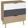 Kumode ar 3 atvilktnēm un eikalipta koka kājām, balta / pelēkzila / koka tonis HD7147