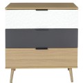 Kumode ar 3 atvilktnēm un eikalipta koka kājām, balta / pelēkzila / koka tonis HD7147
