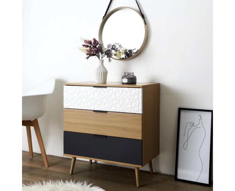 Kumode ar 3 atvilktnēm un eikalipta koka kājām, balta / pelēkzila / koka tonis HD7147
