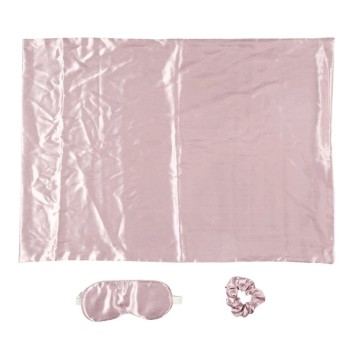 Satīna nakts komplekts – spilvendrāna, acu maska un matu gumija (60 × 60 cm) SC29561 Rozā
