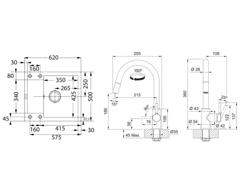 Virtuves komplekts Franke G256O, fragranīta izlietne MRG 611-62 un jaucējkrāns FS 3229.031, onikss/hroms 114.0700.712