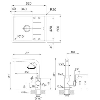 Virtuves komplekts Franke G262ŠB, fragranīta izlietne BFG 611-62 un jaucējkrāns FS 3230.031, šīfera pelēka/hroms 114.0720.162
