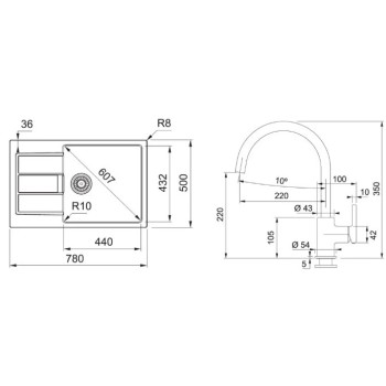 Virtuves komplekts Franke T124Š, tectonite izlietne S2D 611-78 XL un jaucējkrāns FC 6018.084, pelēks/pelēks akmens 143.0687.403