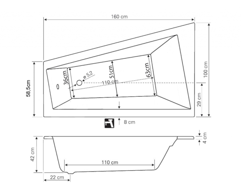 Ванна Aqualine METUJE, 160x100x42 см, акриловая, левая, белая G2610