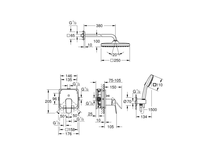 Dušo sistema GROHE Cubeo Tempesta 250 įmontuojama Chromuota 1053360000