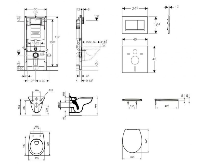 Tualetes poda komplekts Geberit Duofix rāmis ar Alpha Rimless podu ar SoftClose Vāku, Sigma30 Balta/Hromēta poga