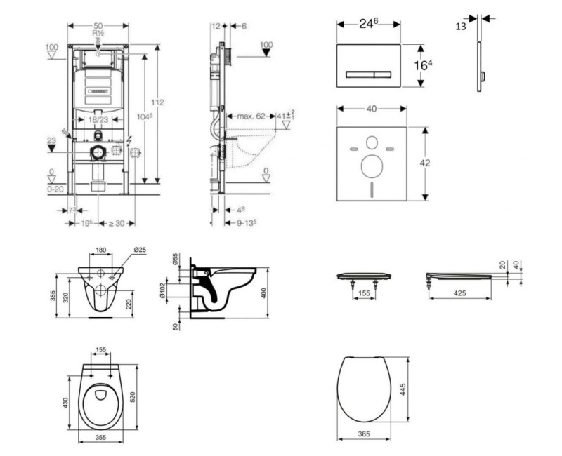 Tualetes poda komplekts Geberit Duofix  rāmis ar Villeroy & Boch Rimless podu ar SoftClose Vāku, Sigma50 Balta poga
