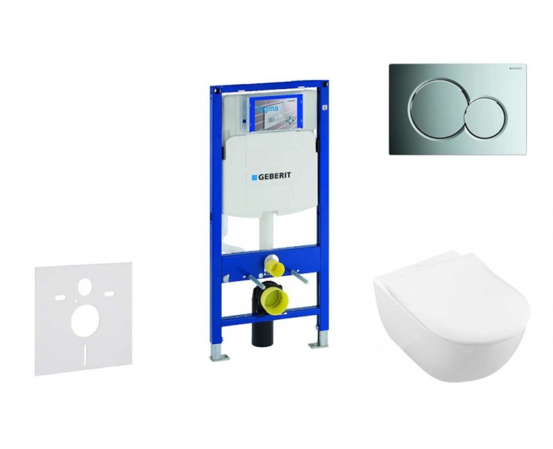 Tualetes poda komplekts Geberit Duofix rāmis ar Villeroy & Boch podu, SoftClose vāku, ar hromētu pogu Sigma01 pogu