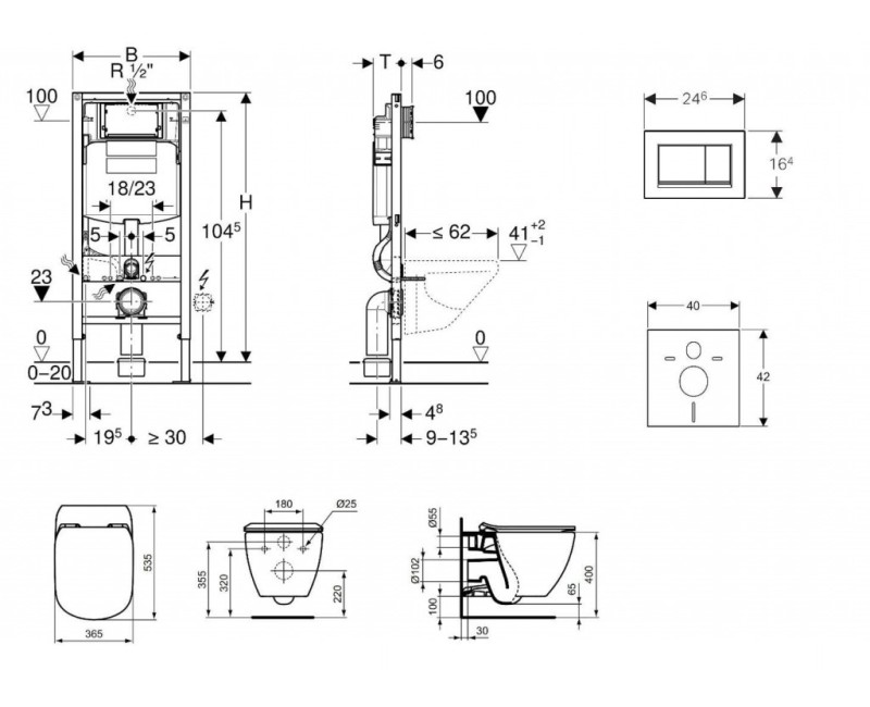 Tualetes poda komplekts Geberit Duofix rāmis ar Ideal Standard Tesi Aquablade Rimless Rimless podu ar SoftClose Vāku, Sigma30 Balta/Hromēta poga