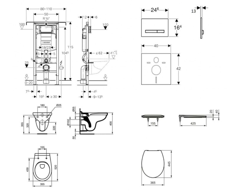 Tualetes poda komplekts Geberit Duofix rāmis ar Alpha Rimless podu ar SoftClose Vāku, Sigma50 Hromēta poga