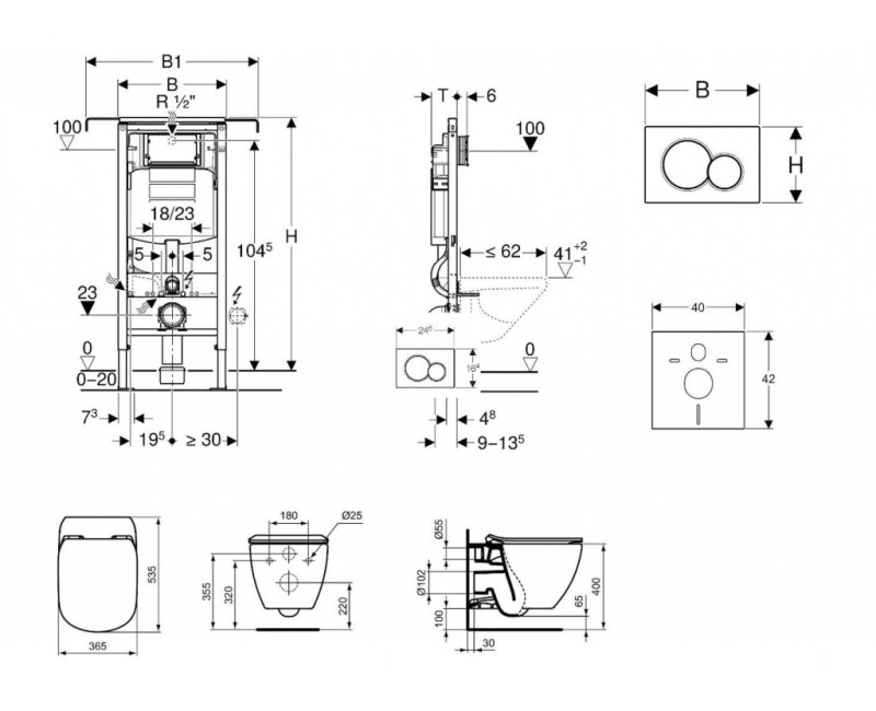 Комплект для унитаза Geberit Duofix с рамой Ideal Standard Tesi Aquablade Rimless с крышкой SoftClose, кнопка Sigma01 Chrome