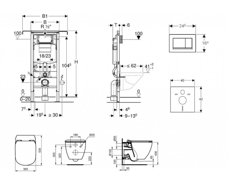 Geberit Duofix tualeto komplektas su Ideal Standard Tesi Aquablade Rimless tualetu su SoftClose dangčiu, Sigma01 chromu mygtuku