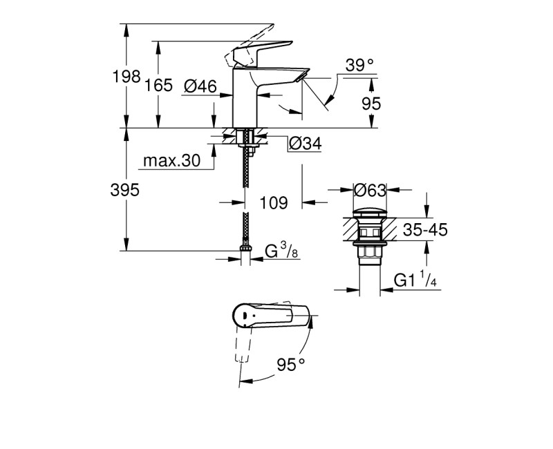 Vannas istabas Izlietnes maisītājs Grohe QuickFix Start S-Size ar Push-Open vārstu, Hromēts 23551002