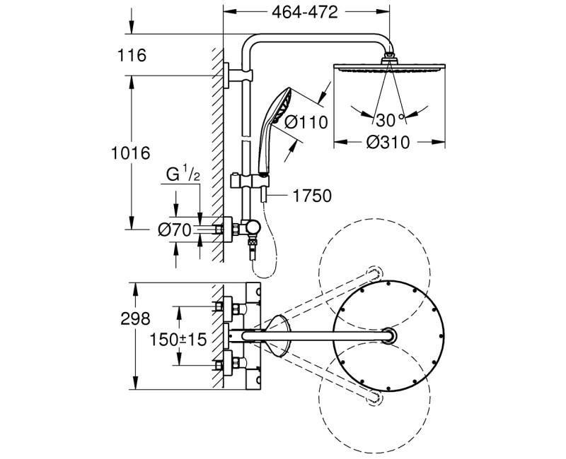 Dušas sistēma GROHE Euphoria 310 ar termostatu, PVD  virsma birstēts Warm Sunset 26075DL0