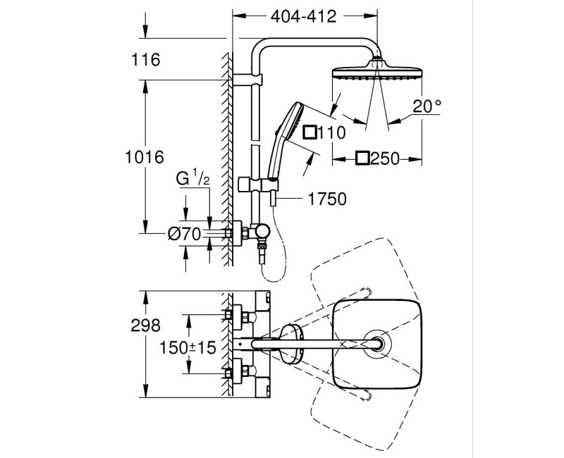 Dušas sistēma Grohe Vitalio Comfort 250 ar Termostatu Hromēta 26696001
