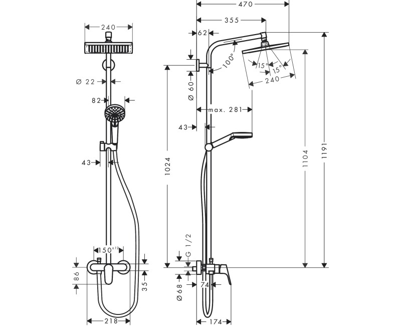 Dušas sistēma Hansgrohe Crometta E Showerpipe 240 1jet  27284000 hromēta