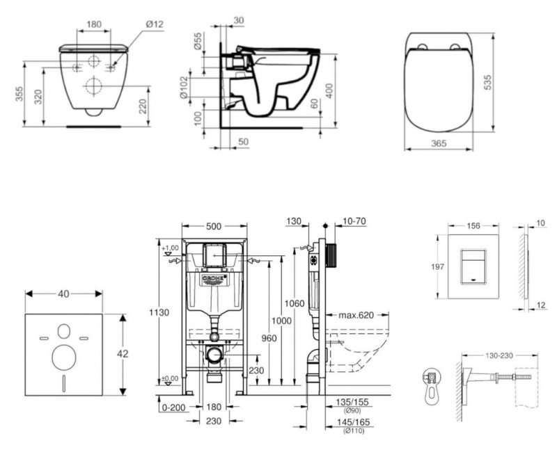 Комплект для унитаза Grohe Rapid SL с рамой, унитазом Ideal Standard Tesi, хромированной кнопкой и крышкой Scate Cosmo