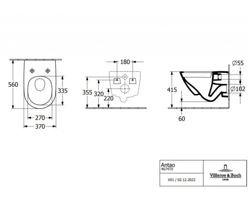 Piekaramais pods Villeroy & Boch Antao CeramicPlus, TitanGlaze, TwistFlush Rimfree Melns 4674T0R7