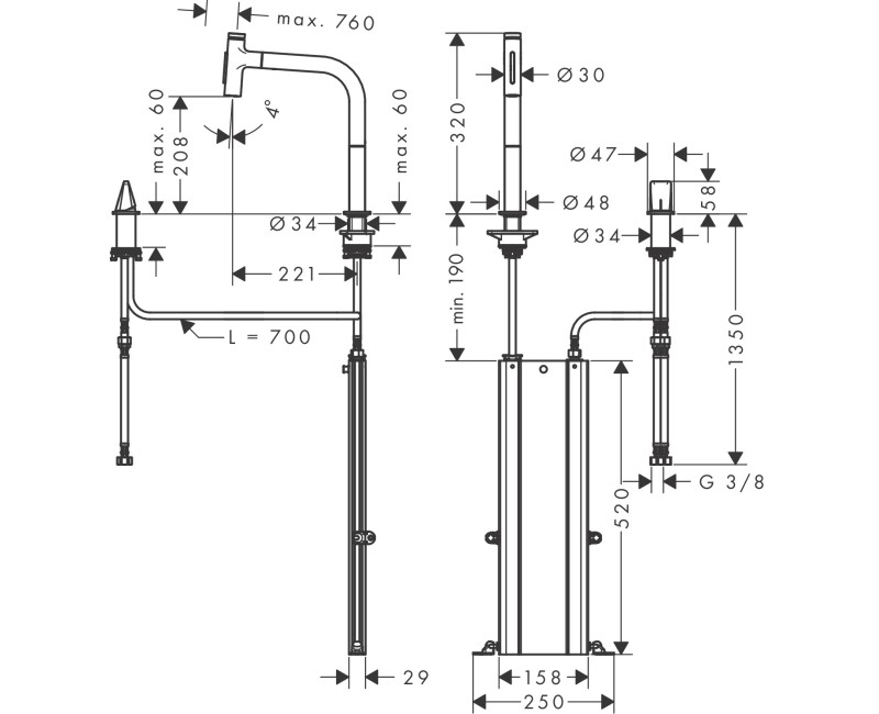 Virtuves maisītājs Hansgrohe Metris Select M71 200  ar izvelkamu galvu 2jet un sBox  73818670 Melns matēts