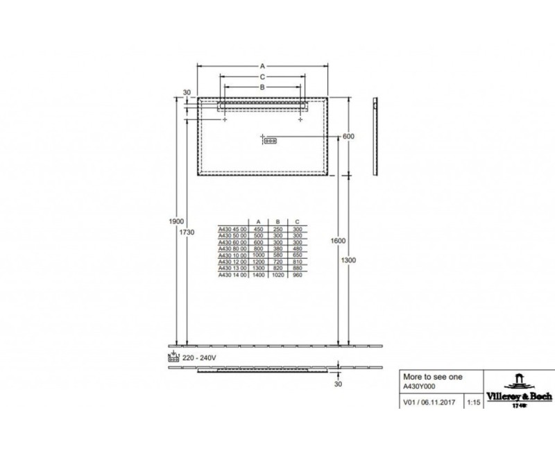 Vannas istabas spogulis Villeroy & Boch More To See One ar LED apgaismojumu, 100x60cm A430A400