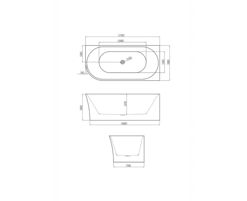 Вольностоящая ванна Kielle Idolio 170x80 см, акрил, правая сторона, белый 1122453R0