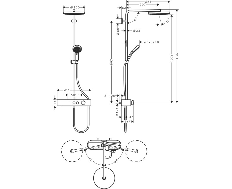 Dušas sistēma Hansgrohe Pulsify S Showerpipe 260 1jet 24220140 Brushed Bronze