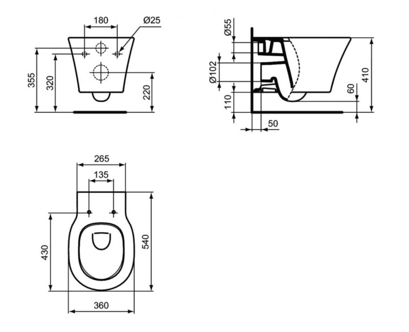 Pakabinamas tualetas Ideal Standard Connect Air AquaBlade, be dangčio Juodas E0054V3