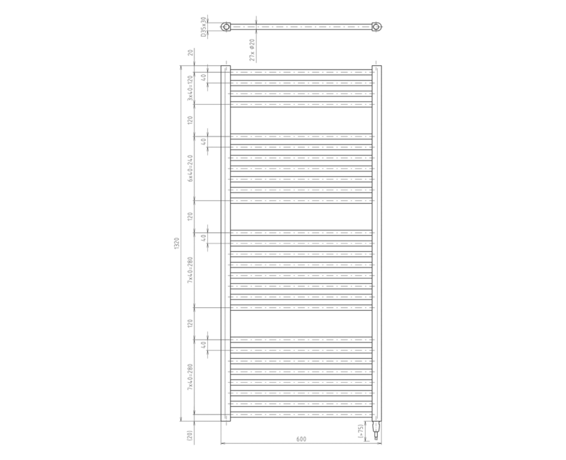 Dvieļu žāvētājs / Radiators AQUALINE DIRECT-E elektriskais 60x132cm, 60 W, matēti melns  ILE36TB
