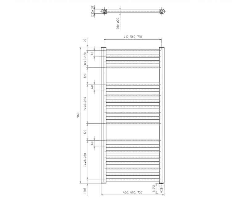 Dvieļu žāvētājs / Radiators AQUALINE Direct-E Elektriskais 45x96 cm, 300W, balts  ILE94T