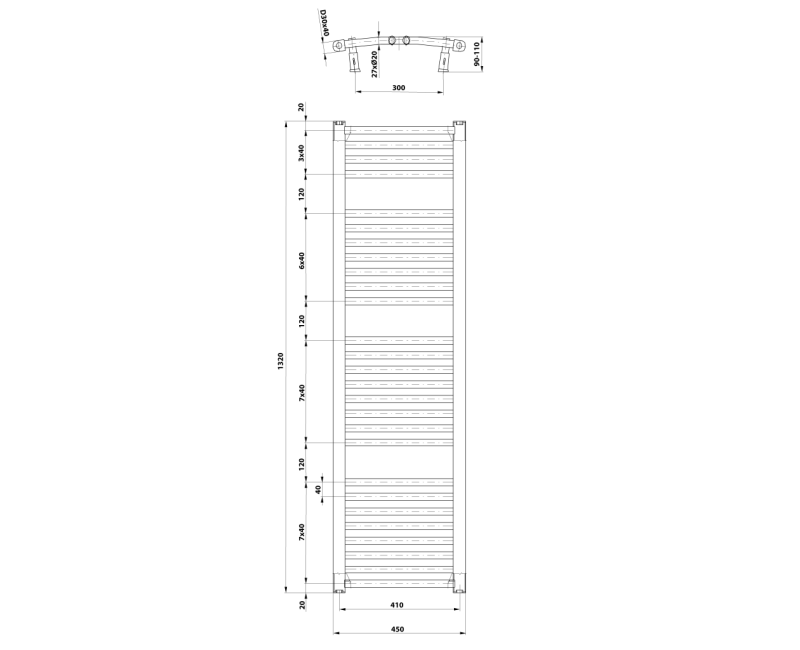 Dvieļu žāvētājs / Radiators AQUALINE ORBIT 450x1320mm balts  ILO34T