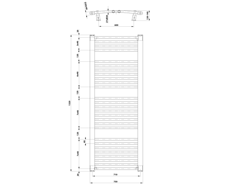 Полотенцесушитель / Радиатор AQUALINE ORBIT 750x1320 мм белый ILO37T