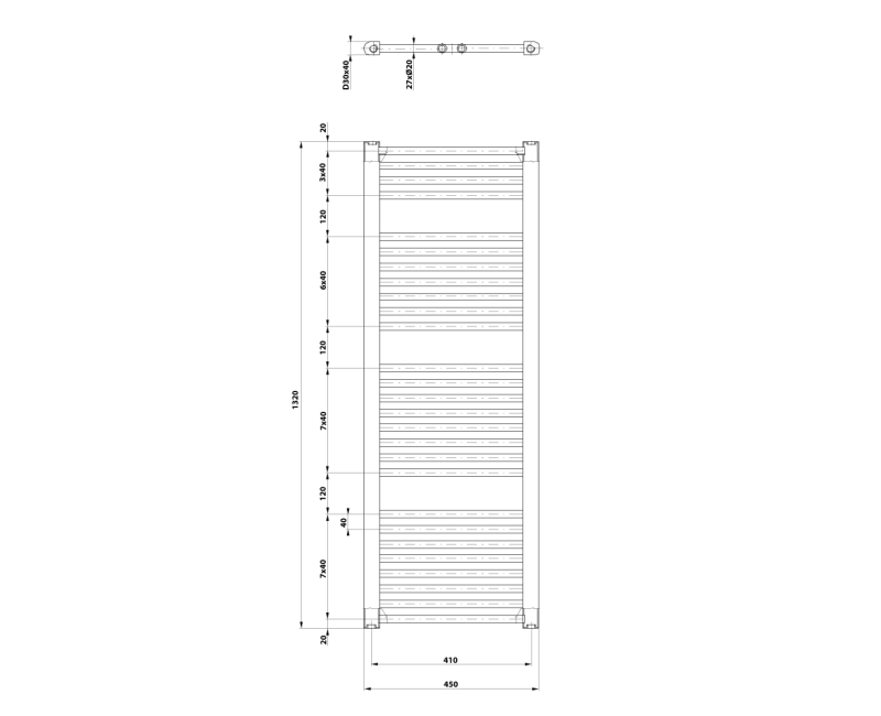 Rankšluosčių džiovintuvas / Radiatorius AQUALINE Direct 132x45cm, 594W, baltas ILR34T