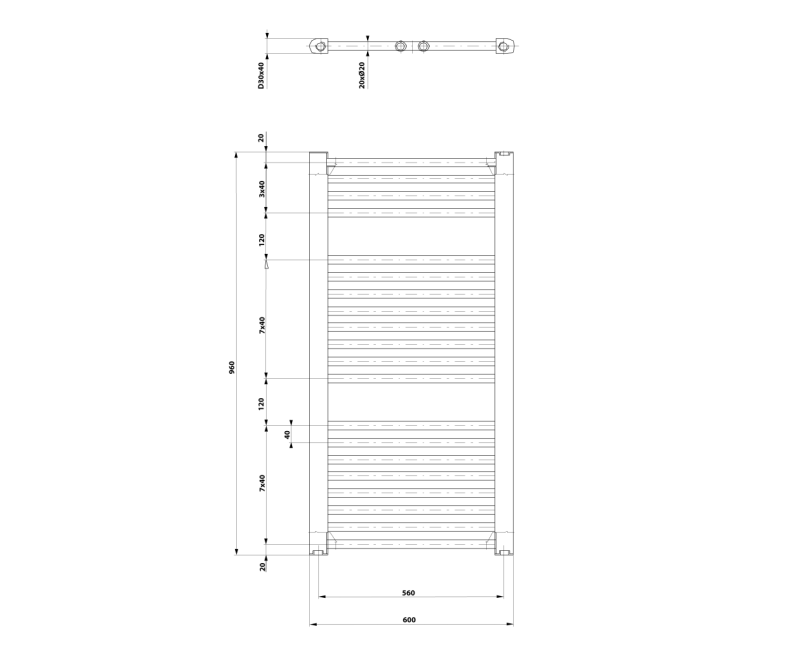 Dvieļu žāvētājs / Radiators AQUALINE Direct  96x60cm, 597 W, balts  ILR96T