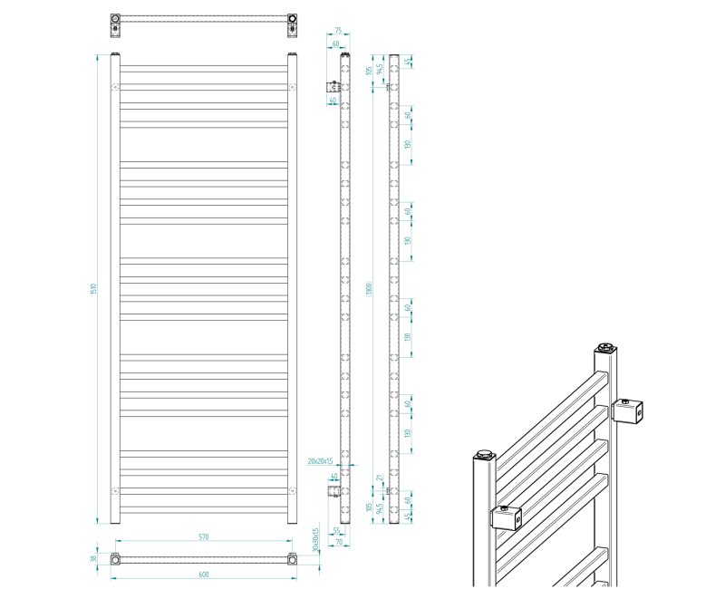 Rankšluosčių džiovintuvas / Radiatorius Sapho Metro 60x151cm, 557W, metalinis antracitas IR420