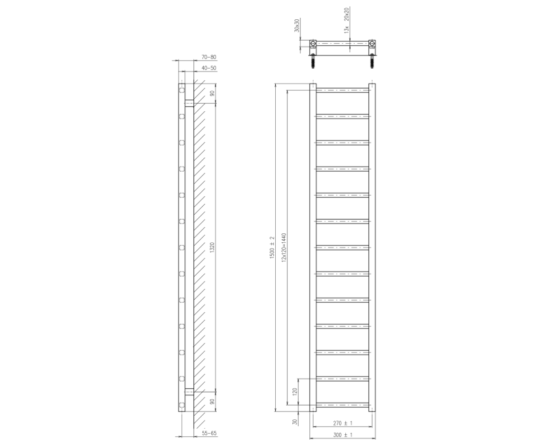 Dvieļu žāvētājs / Radiators Sapho Metro Light  30x150cm, 276W, matēti melns  IR446TB