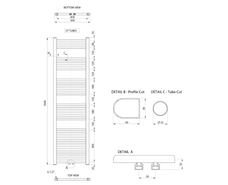 Полотенцесушитель / Радиатор Aqualine ALYA 500x1600 мм, Хром LLS304