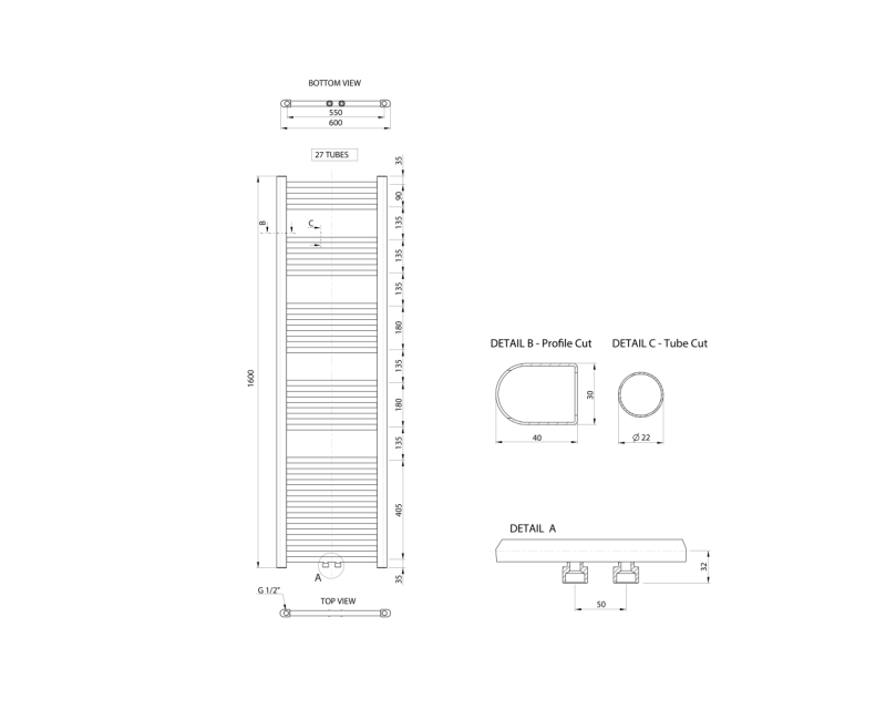 Полотенцесушитель / Радиатор Aqualine ALYA 600x1600 мм, Хром LLS305