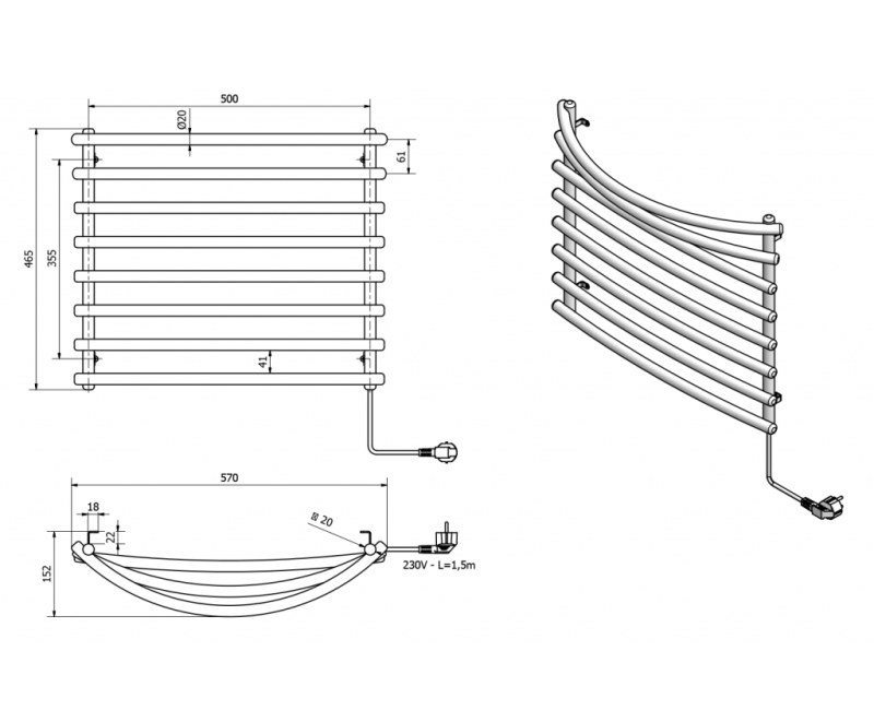 Dvieļu žāvētājs / Radiators AQUALINE Elektriskais 57x47cm, pelēks alumīnijs/metālisks RAL9007 SU210A