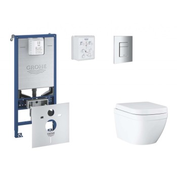 Комплект для унитаза Grohe Rapid SLX с рамой, унитазом Bau Ceramic Triple Vortex, хромированной кнопкой Skate Cosmopolitan и крышкой Soft Close.