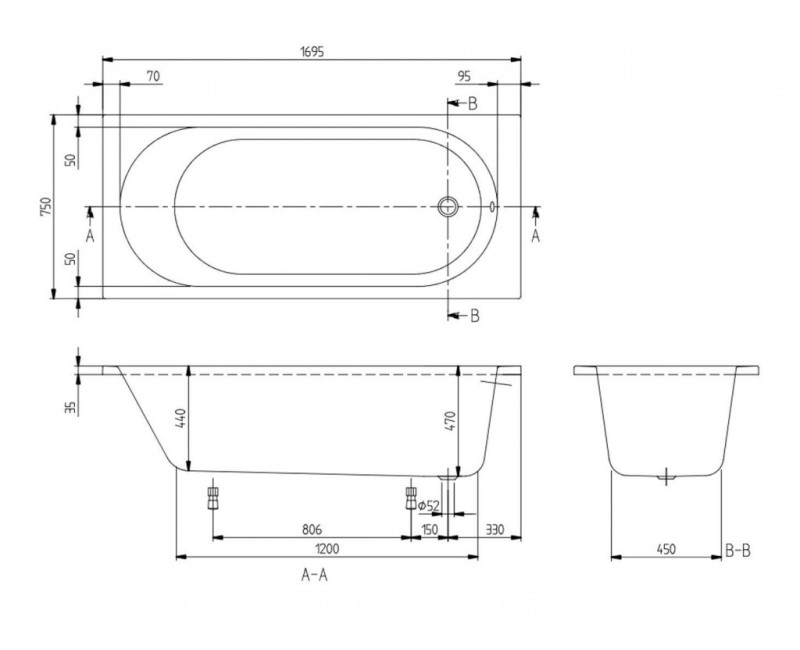 Vanna Villeroy & Boch Architectura O.novo Solo, Akrilo, 170x75cm, balta UBA170CAS2V-01