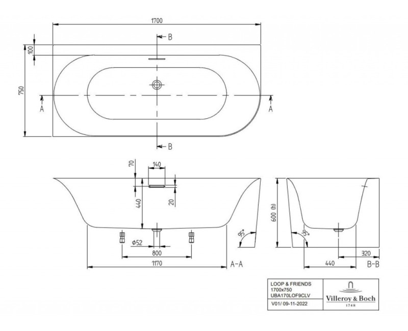 Ванна Villeroy & Boch Architectura Loop&Friends 170x75 см, акрил, левая сторона, белый UBA170LOF9CL00V-01
