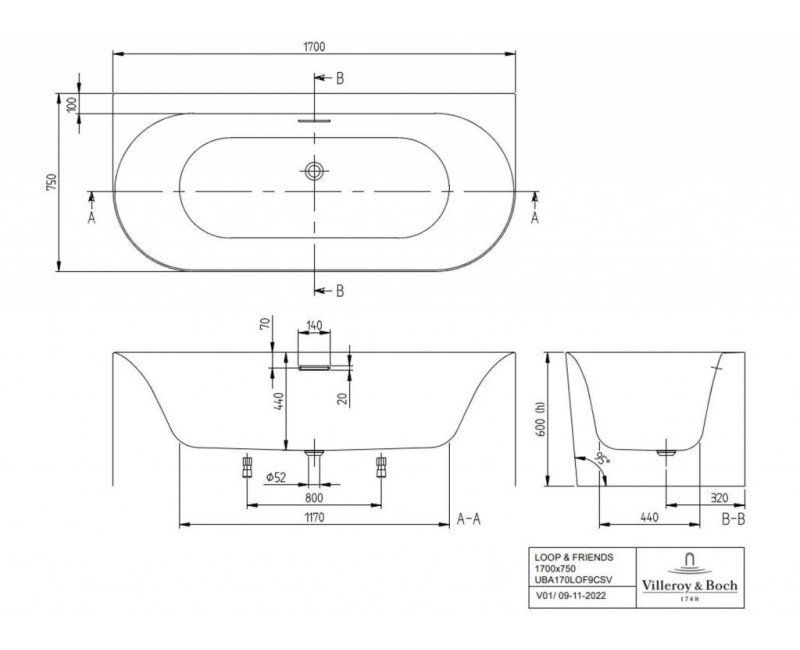Vanna Villeroy & Boch Loop&Friends 170x75cm, Lietā akrila, Alpu balta UBA170LOF9CS00V-01