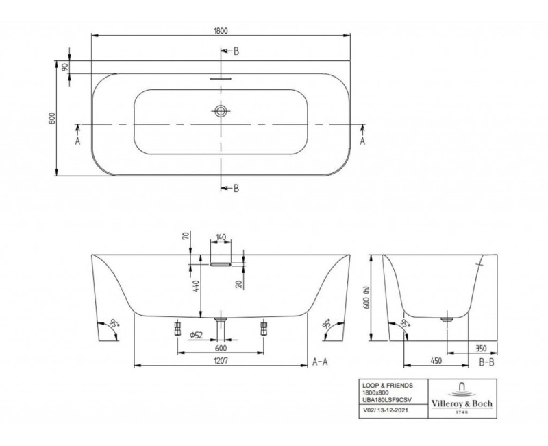 Ванна Villeroy & Boch Loop&Friends 180x80 см, Литой акрил, альпийский белый UBA180LSF9CS00V-01