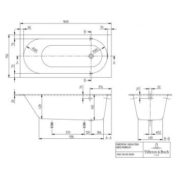 Vanna Villeroy & Boch Oberon 160x75 cm, Quaryl, Alpu balta UBQ160OBE2V-01