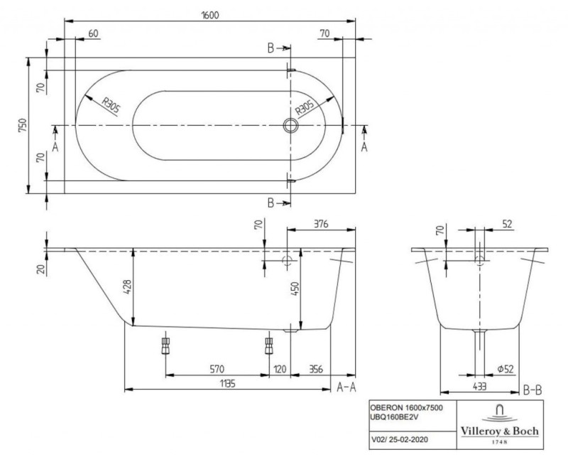Ванна Villeroy & Boch Oberon 160x75 см, Quaryl, альпийский белый UBQ160OBE2V-01