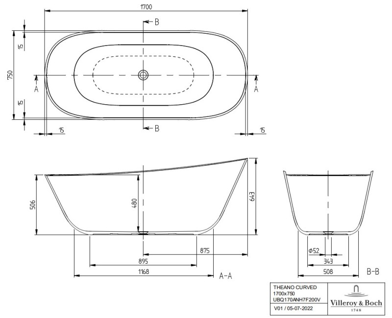 Отдельностоящая ванна Villeroy & Boch Theano Quaryl®, 170x75 см, альпийский белый UBQ170ANH7F200V-01